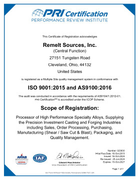 Remelt AS9100:2016 and and ISO 9001:2015 Certificate